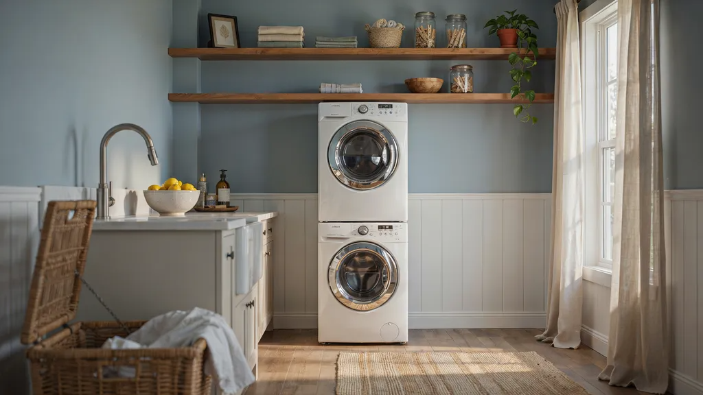 Farmhouse laundry room featuring Portsmouth blue-gray paint