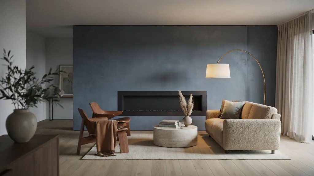 Smoky gray-blue fireplace accent wall delivering a modern and deep look.