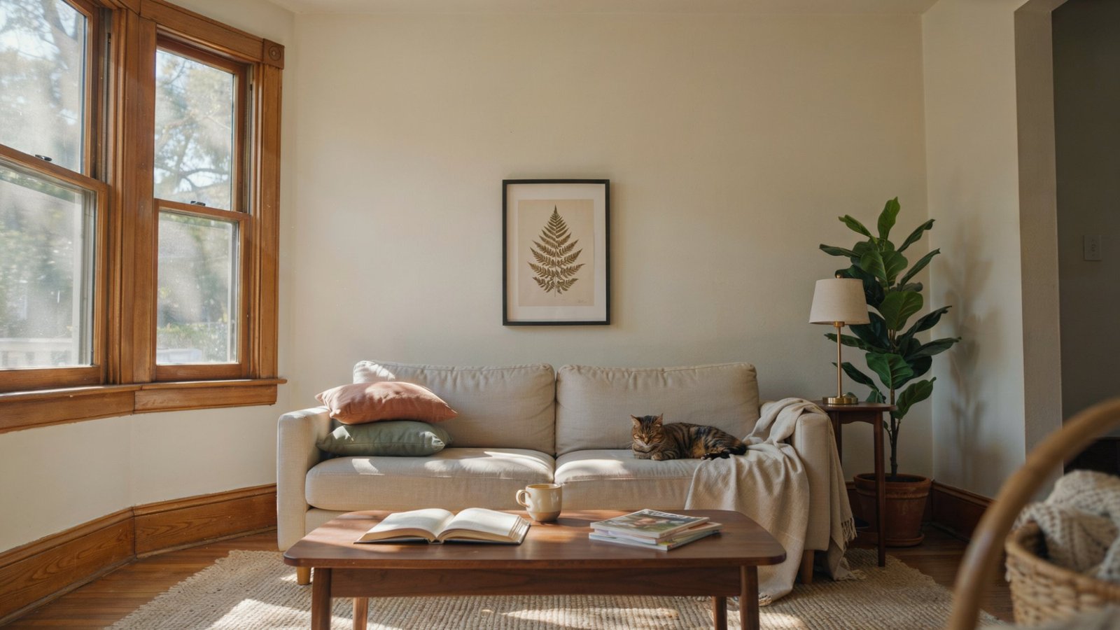 Kilim Beige walls complementing warm oak trim.
