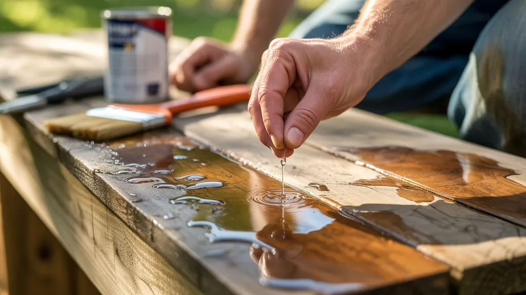 Homeowner performing water drop test on treated wood, showing how moisture absorption determines if wood is ready for painting.