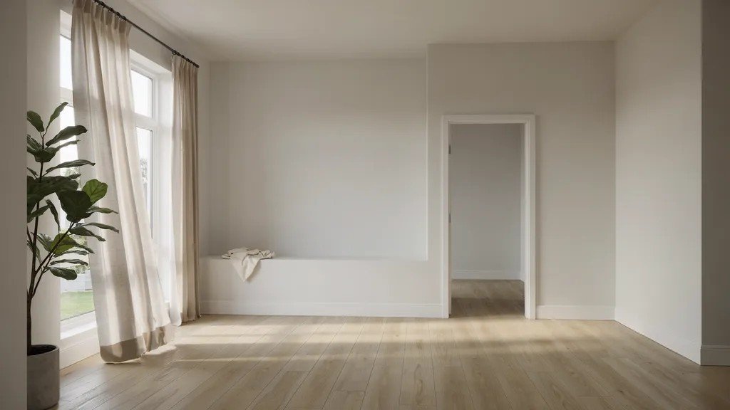 Freshly painted interior walls in a modern home with smooth finish, clean floors and natural daylight creating bright organized living space.