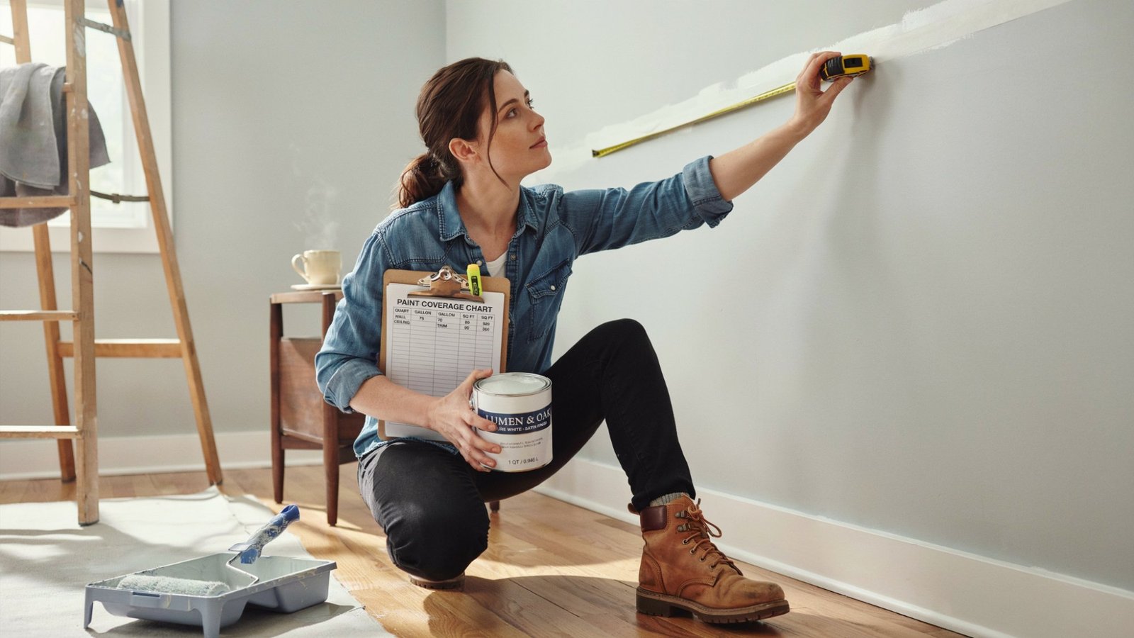 Homeowner measuring a wall while holding a quart of paint to estimate paint coverage.