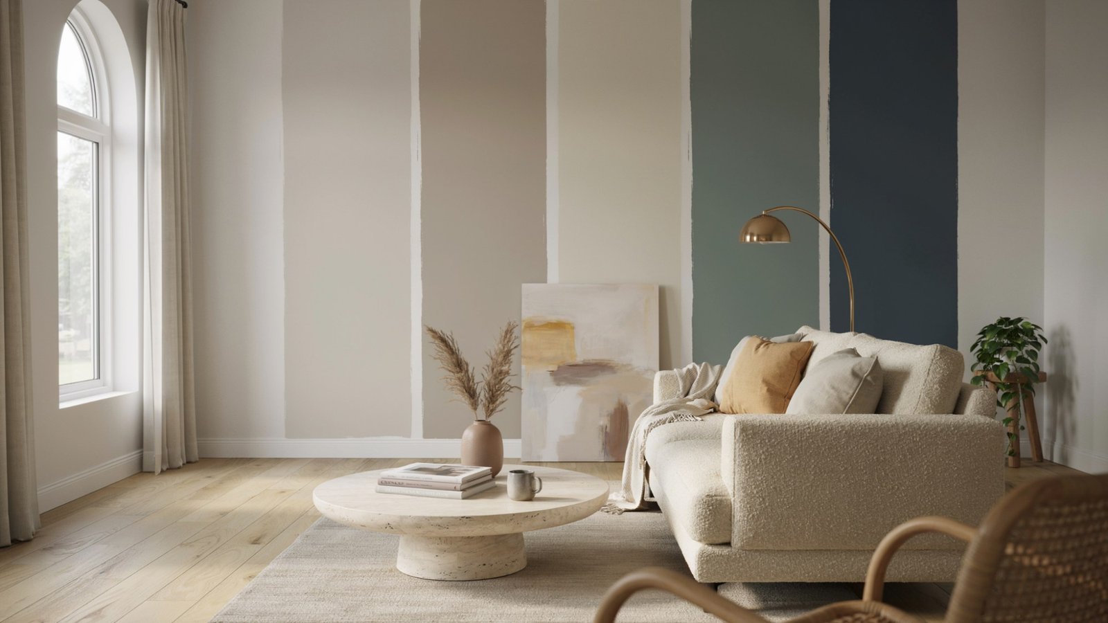 Paint color samples paired with light wood floors in a bright modern living room.