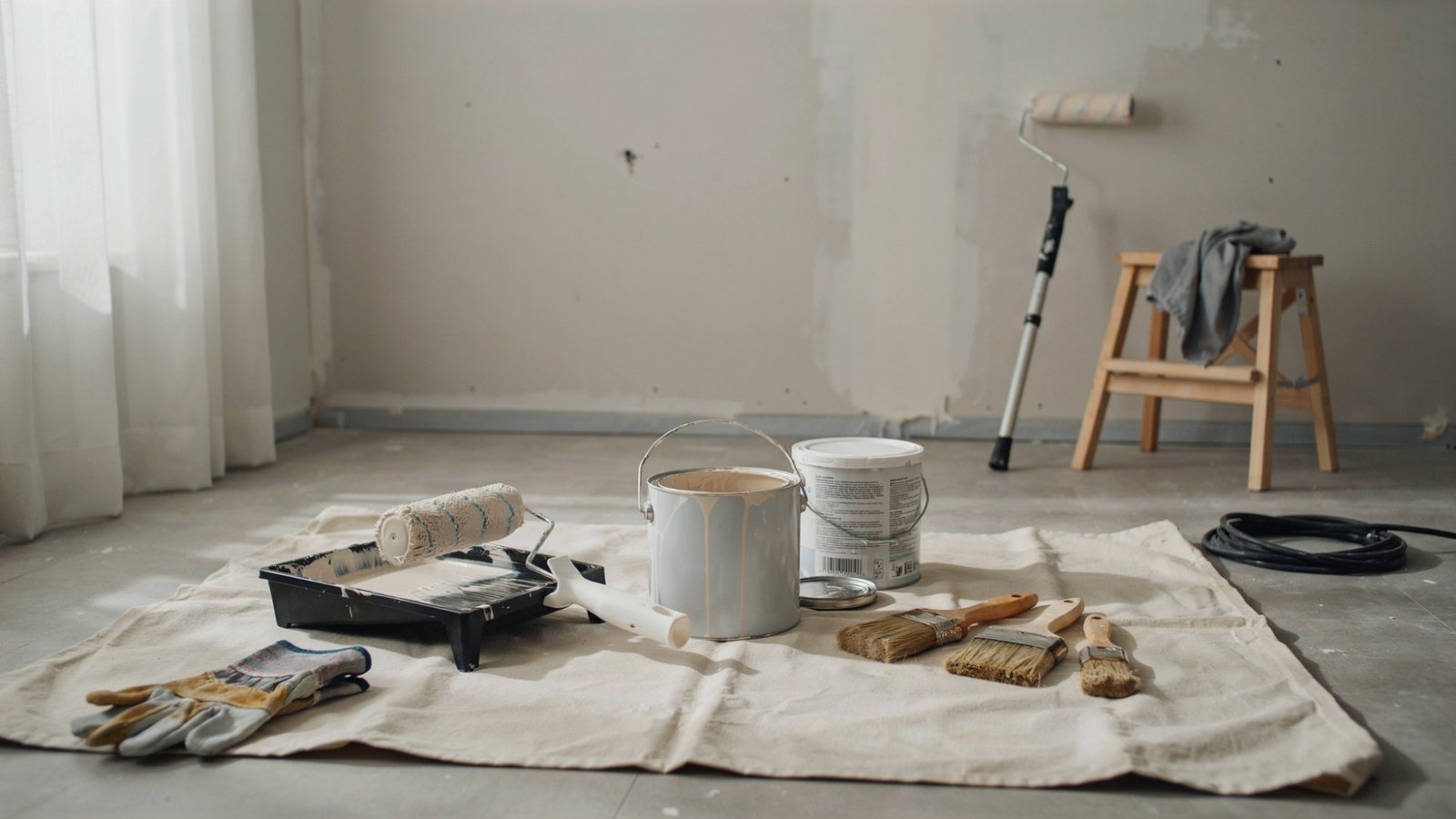 Interior painting tools including rollers brushes and paint cans arranged neatly in empty room showing preparation for a house painting project.