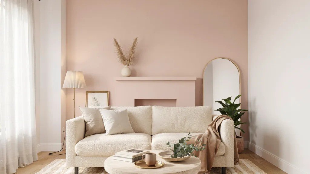 Soft blush fireplace accent wall introducing gentle color and subtle warmth.