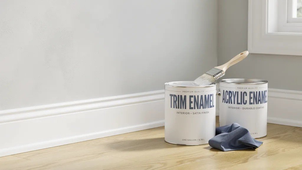 Trim paint cans and finished baseboards showing smooth durable coating in clean indoor setup.