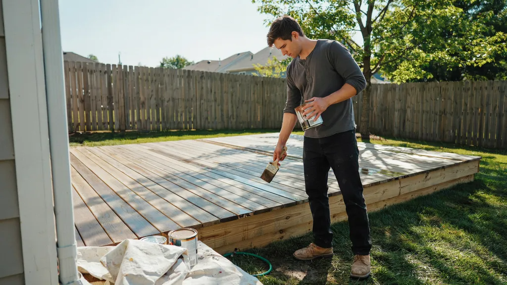 Freshly installed treated wood outdoors showing moisture while a homeowner waits with paint tools before painting.
