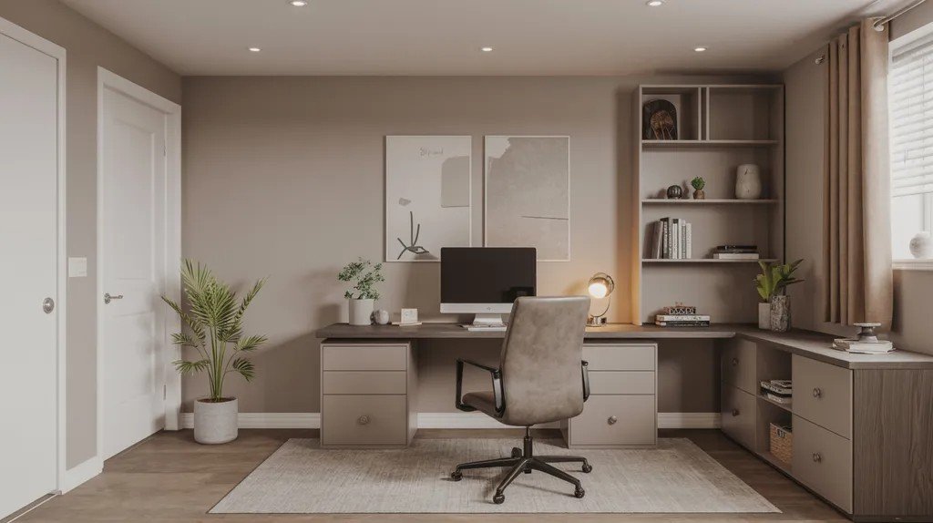 Basement office with neutral tones designed for focus and productivity.