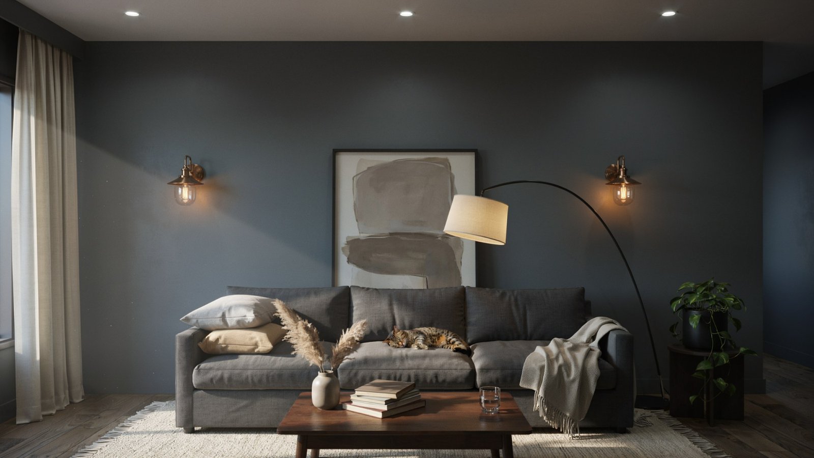 Dark-painted room with multiple light sources creating a bright and spacious appearance.