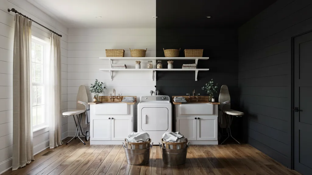 Collection of farmhouse laundry room paint color ideas in various shades and finishes.