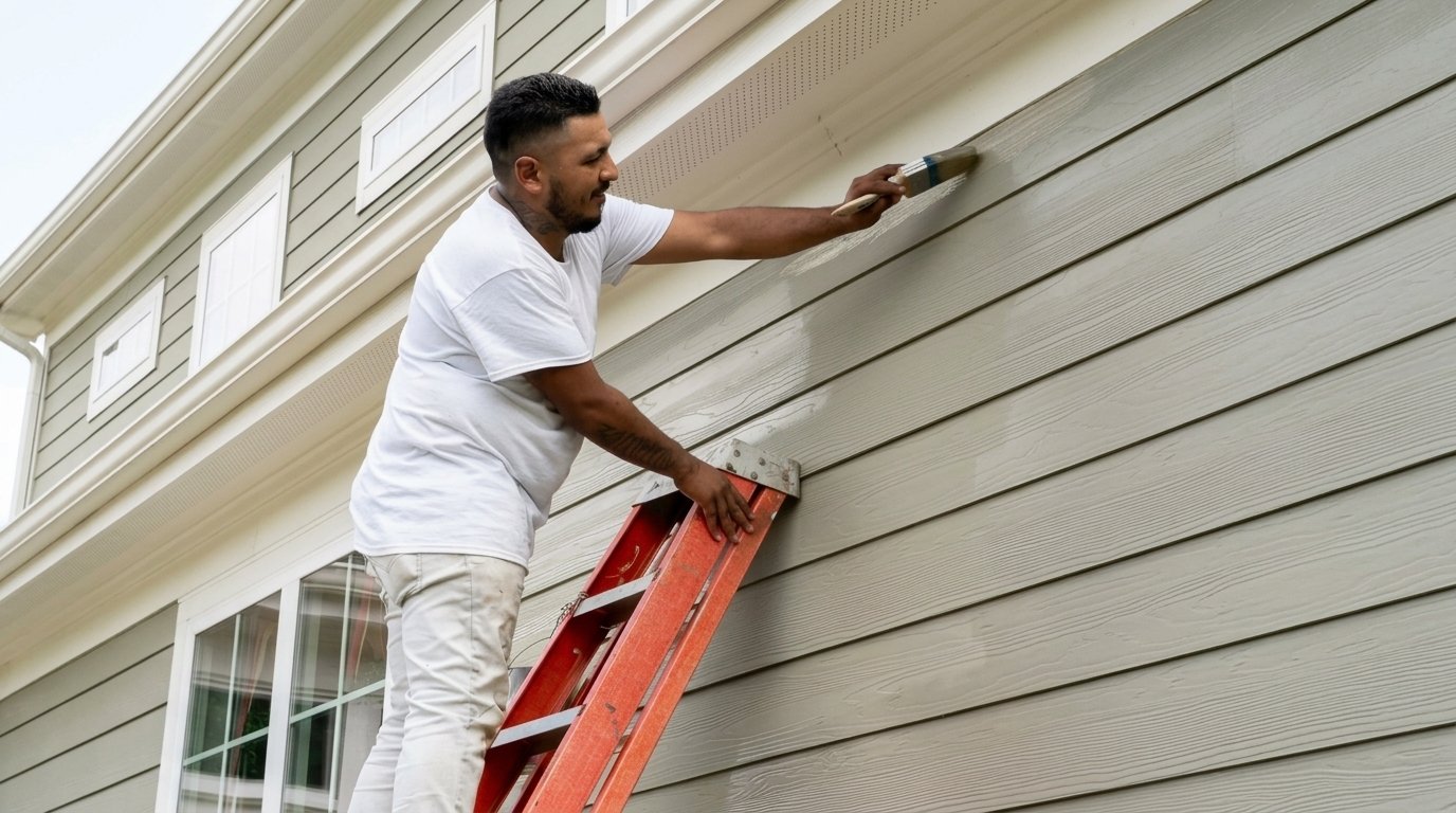 A man in a white t-shirt and paint-splattered pants stands on a red ladder painting a house’s exterior siding with a brush.