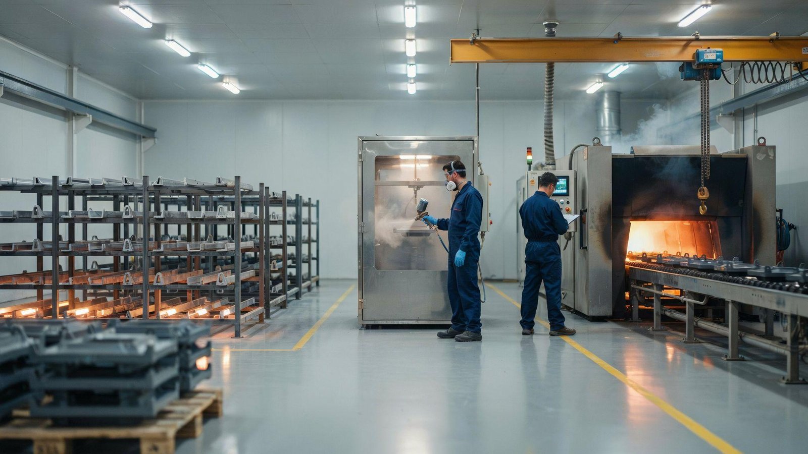 Powder coating temperature stages including preheating application and final curing process