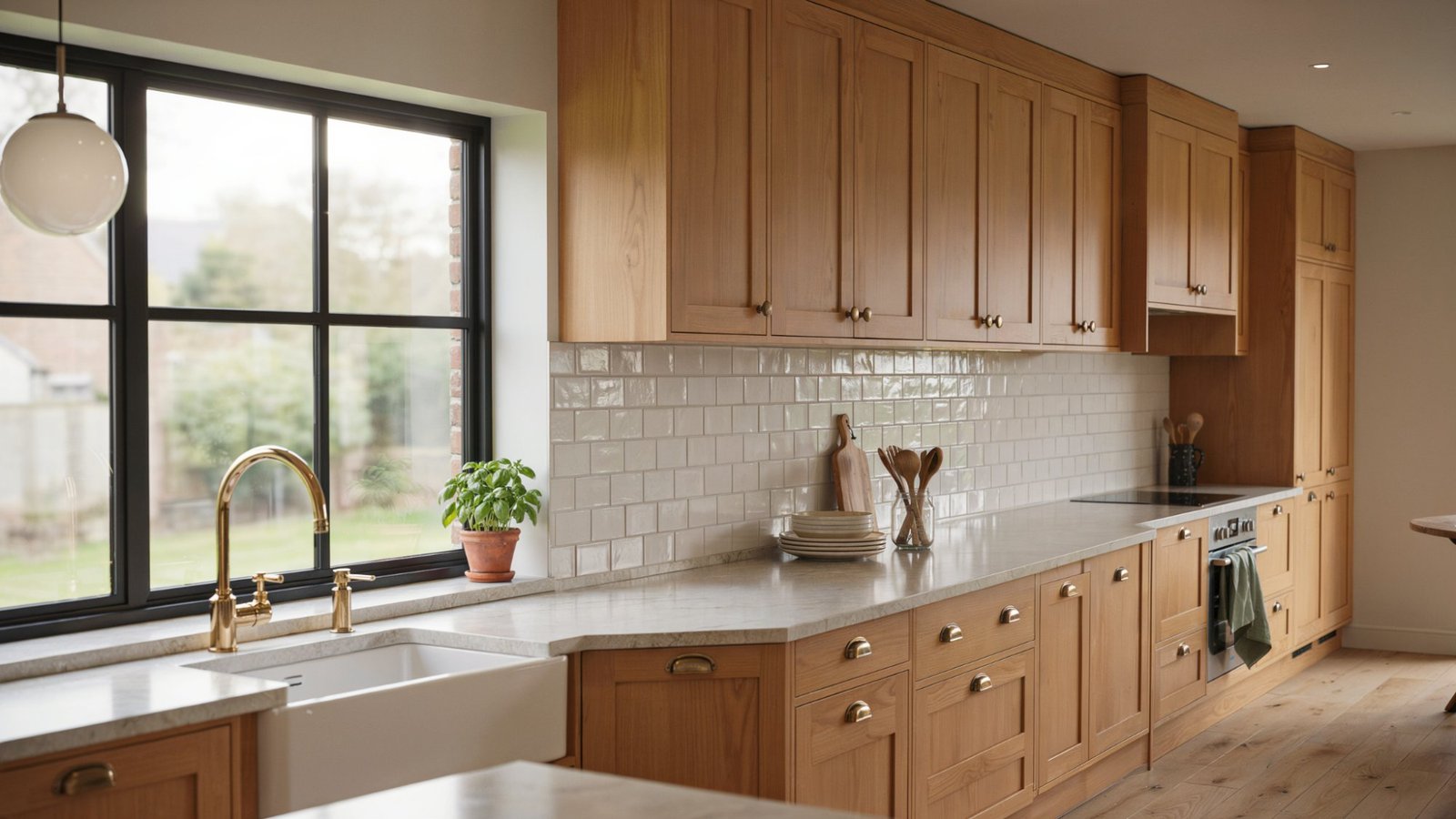 Oak kitchen cabinets paired with a timeless subway tile backsplash.