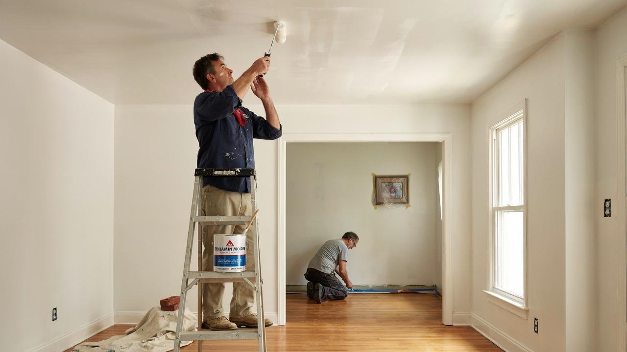  Wall paint used on a ceiling showing roller marks.