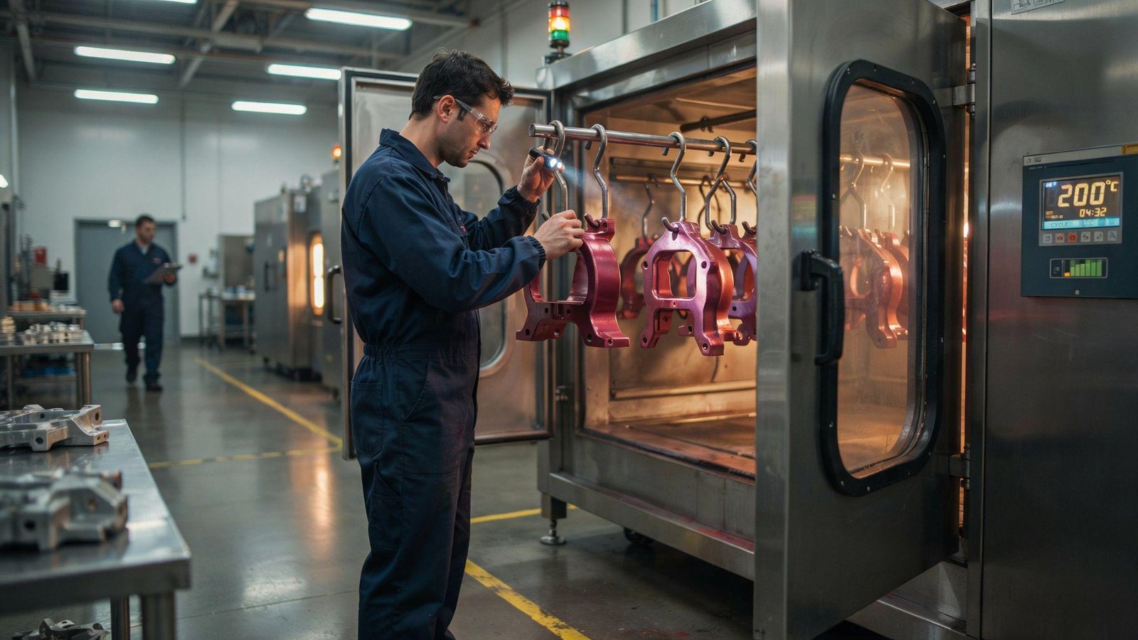 Powder coating oven curing metal parts at optimal temperature for durable finish