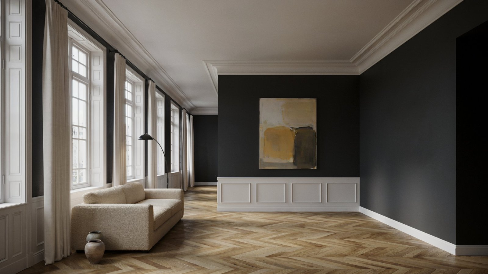 Dark walls with white trim highlighting architectural details and room proportions.