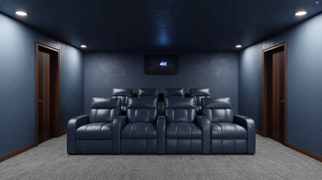 Indigo basement designed for cinematic home theater feel.