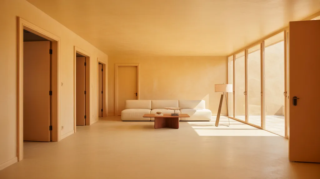 Modern home interior with walls, doors, and trim all in the same color, creating a clean and cohesive seamless design flow.