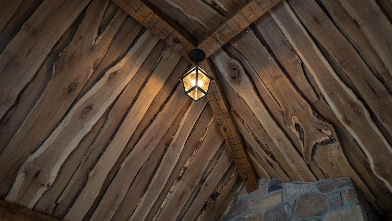 Tree bark ceiling texture in a rustic cabin.