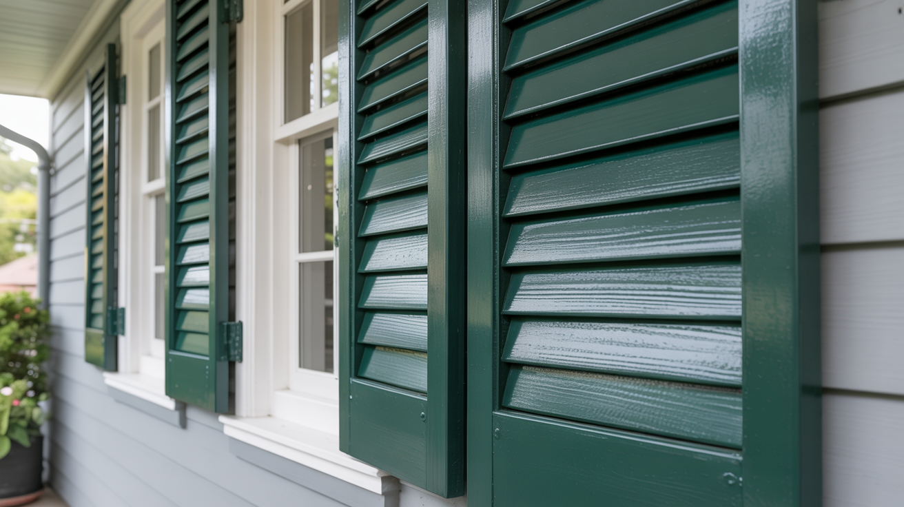 House shutters receiving a second coat of paint for full coverage.