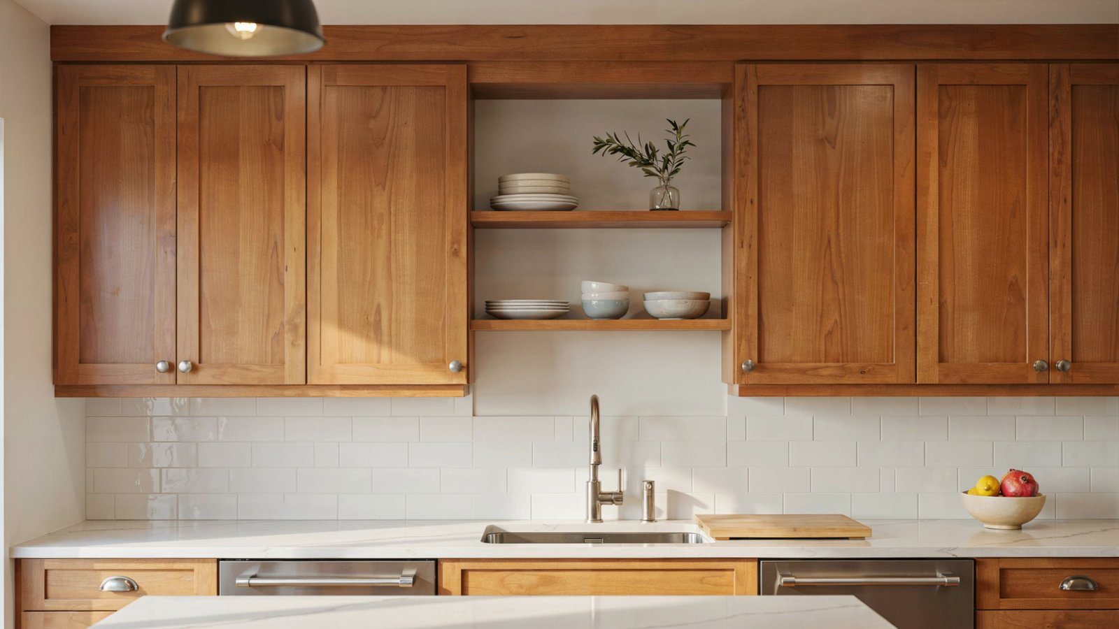 Oak kitchen cabinets with upgraded modern countertops.