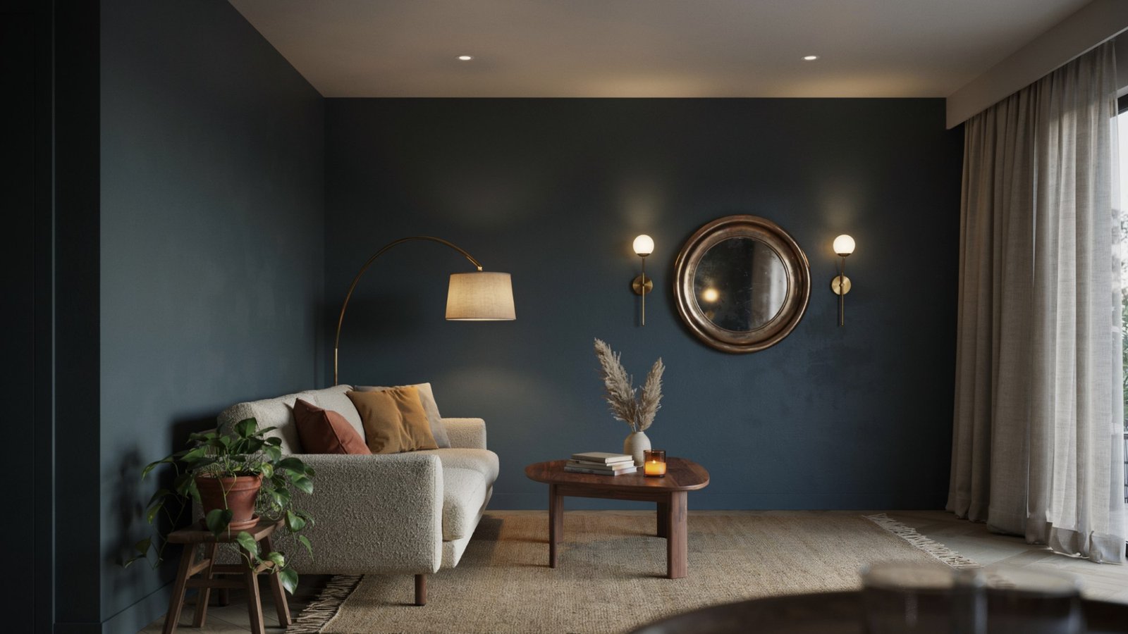 Well-designed room showing how lighting, furniture, and decor work together with dark paint.