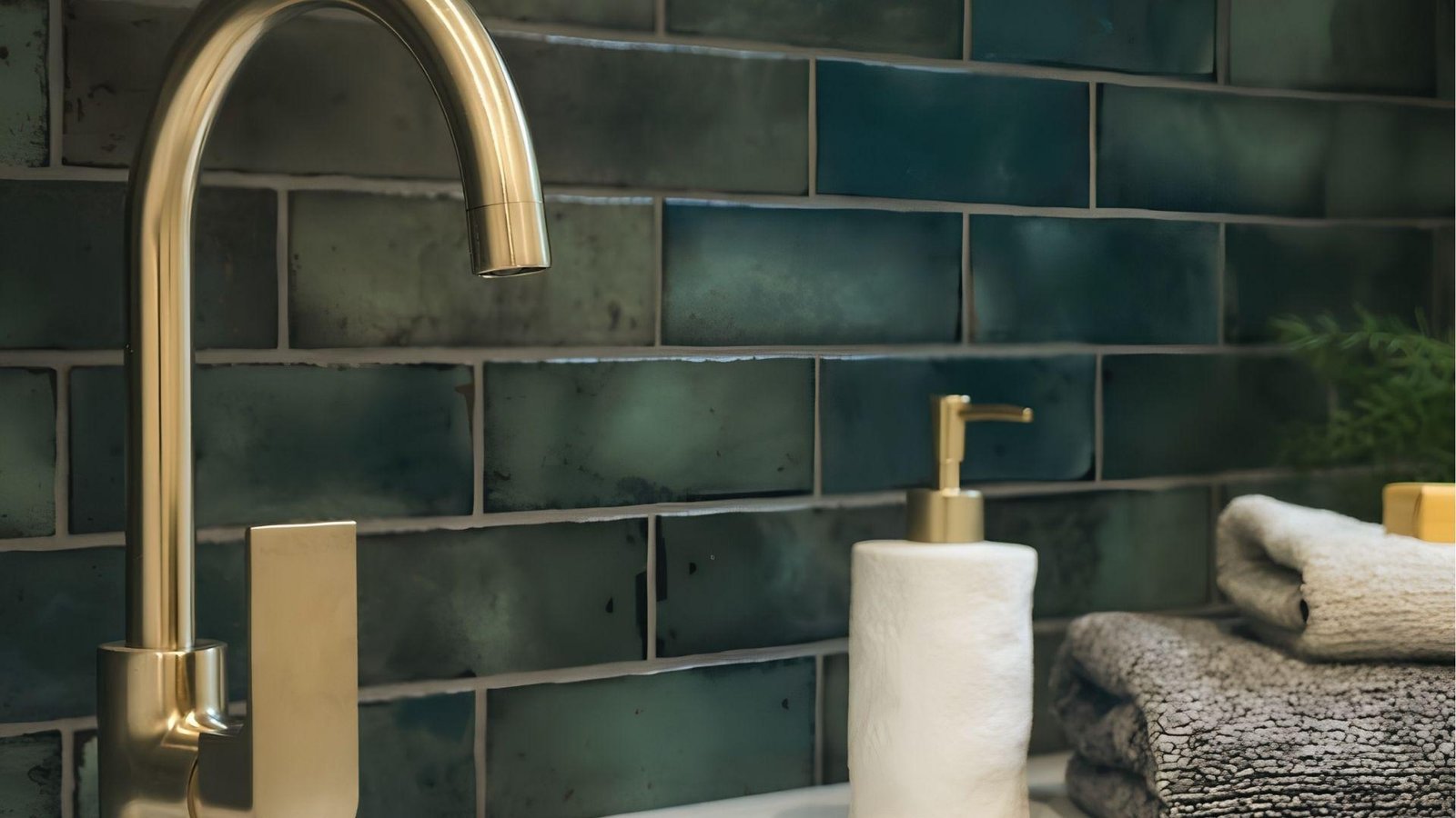 Closeup of brushed gold faucet and soap pump against glossy deep green subway tile backsplash.