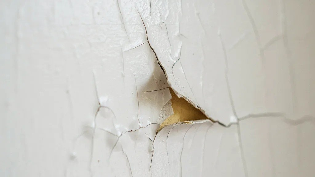 Close up of glossy painted wall showing peeling and cracking due to poor adhesion between oil and latex paint layers.