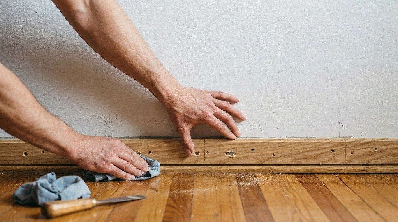 Wooden baseboards being sanded and filled with wood filler to smooth cracks and holes preparing trim for painting indoors.