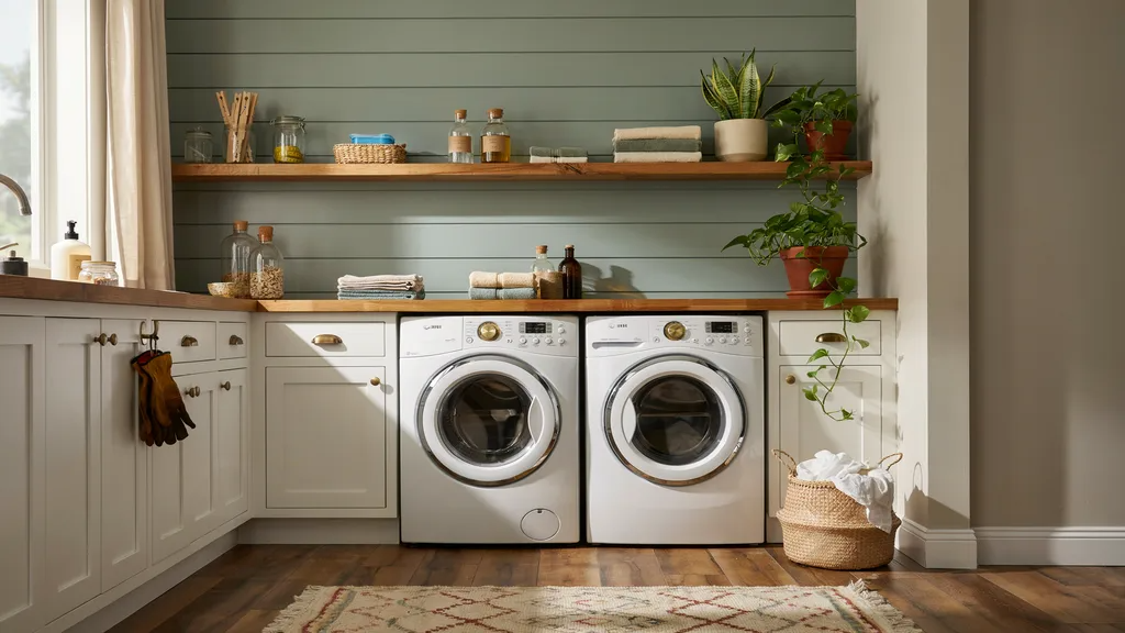 Farmhouse laundry room with Spruce Green paint and brass accents