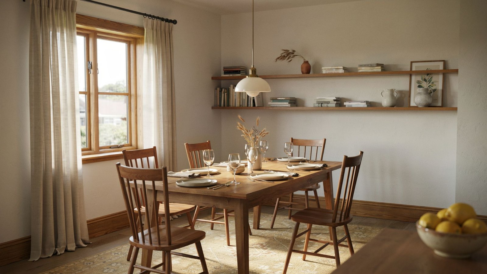Moderate White paint color with oak trim.