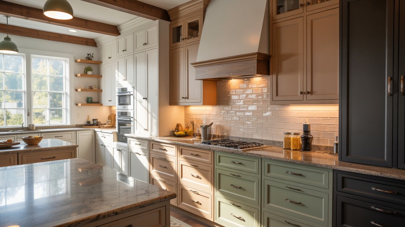 Modern kitchen displaying warm white, ivory, greige, taupe, sage green, and charcoal cabinets paired with brown granite countertops in a bright and classy interior.