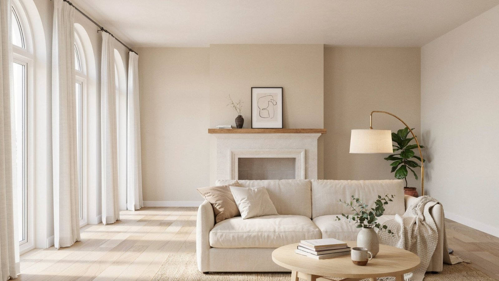Greige and white color-blocked fireplace wall adding contrast and modern style.