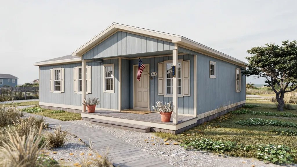 Coastal blue mobile home with sandy cream details creating a relaxed beach-inspired look.
