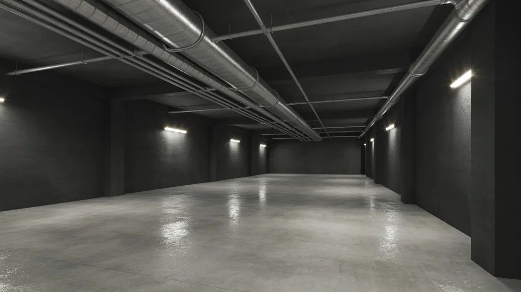 Charcoal basement with a bold industrial style.