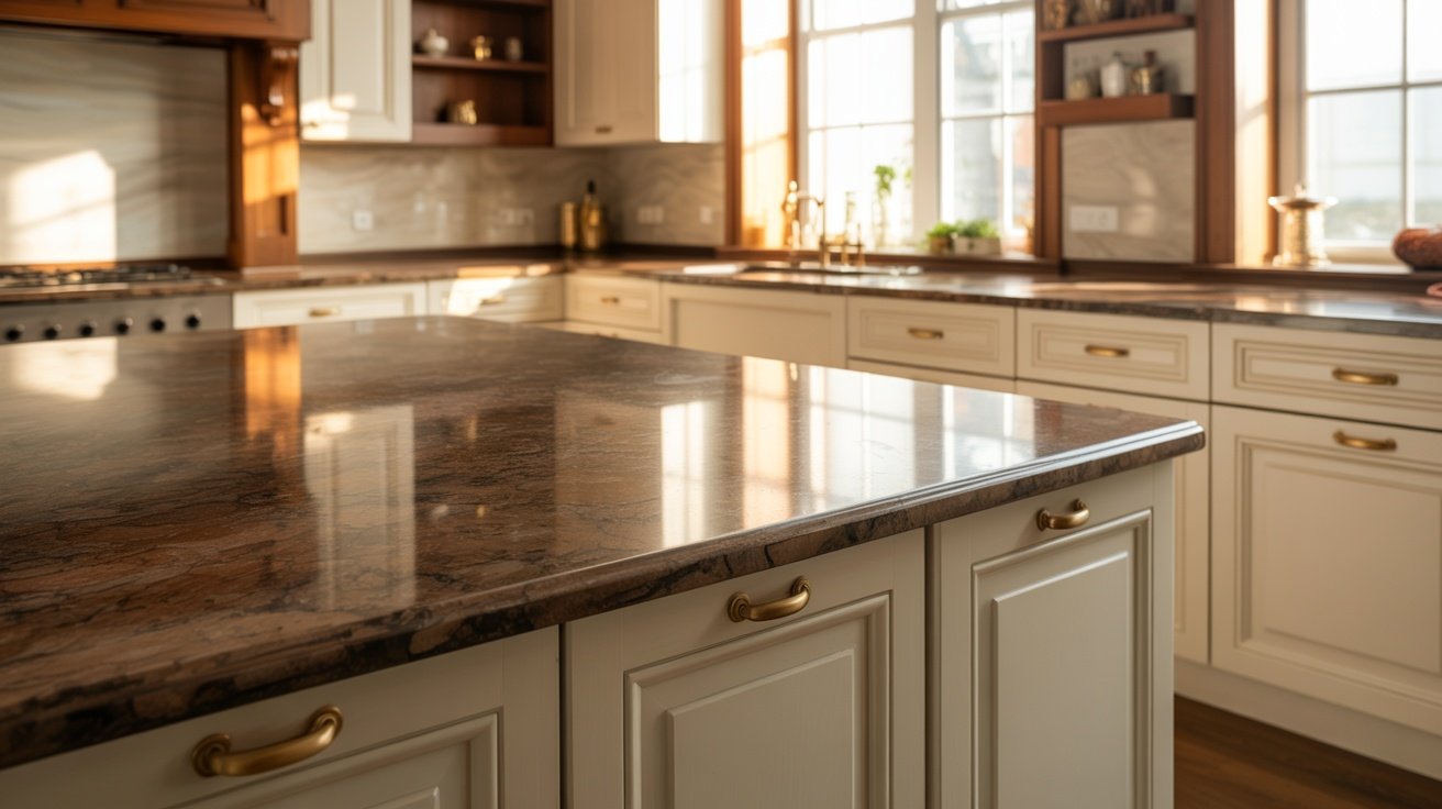 Modern kitchen with brown granite countertops, warm white and greige cabinets, brass hardware, neutral backsplash, and natural wood accents creating a bright and timeless design.